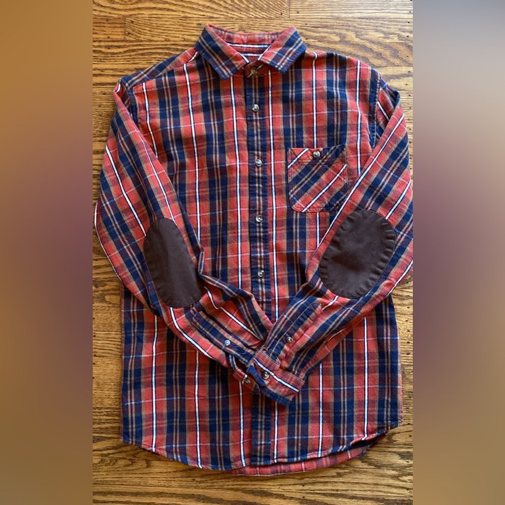 Frank & Oak Orange Plaid Button-Down Shirt with Brown Elbow Patches